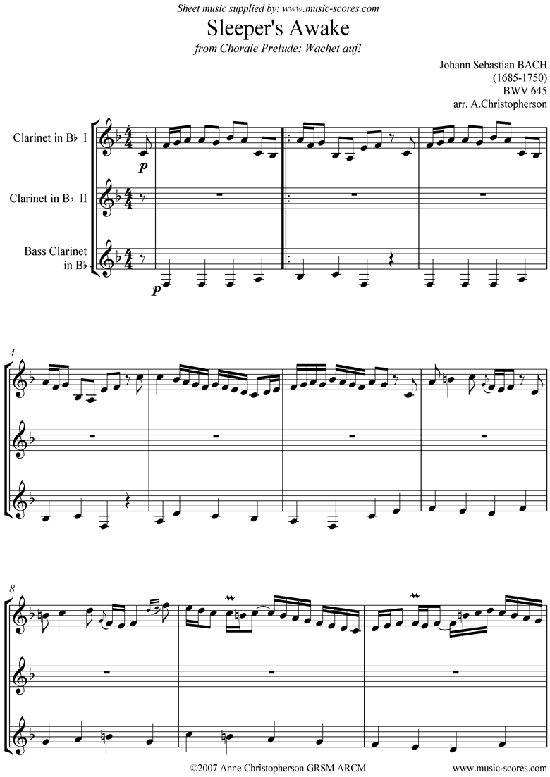 Front page of bwv 645 Sleepers Awake: 2 Clarinets, Bass Clarinet sheet music