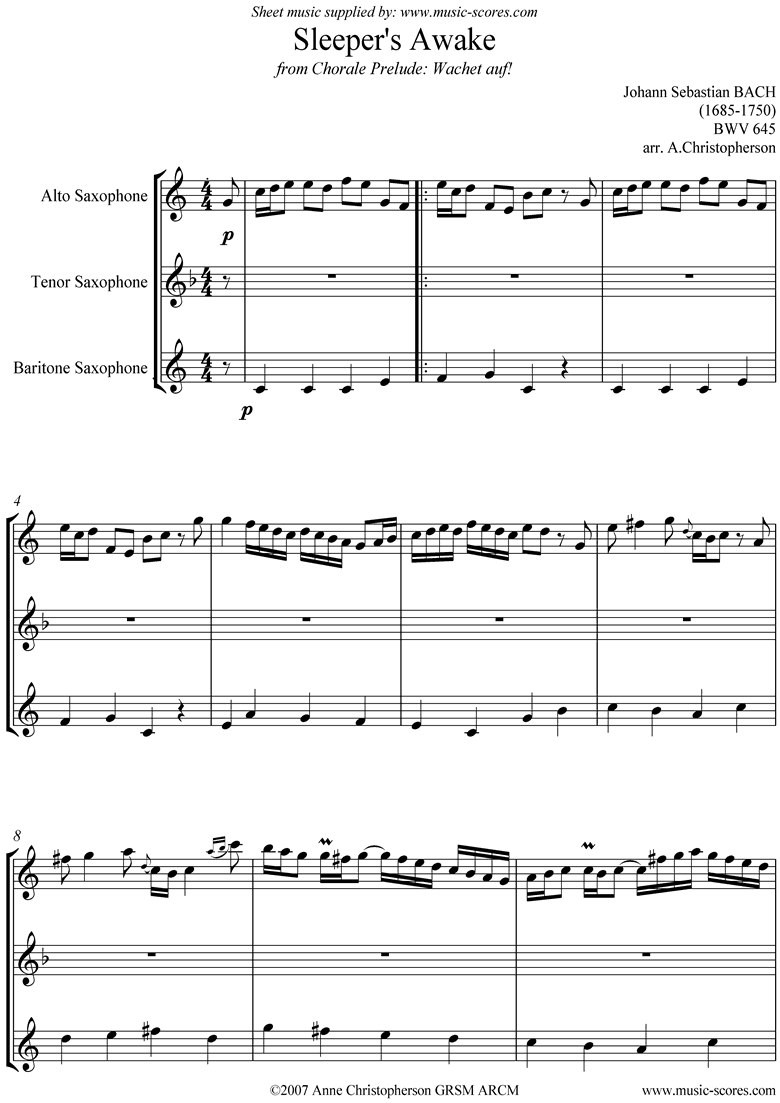 Front page of bwv 645 Sleepers Awake Sax Trio: Alto, Tenor, Bari sheet music