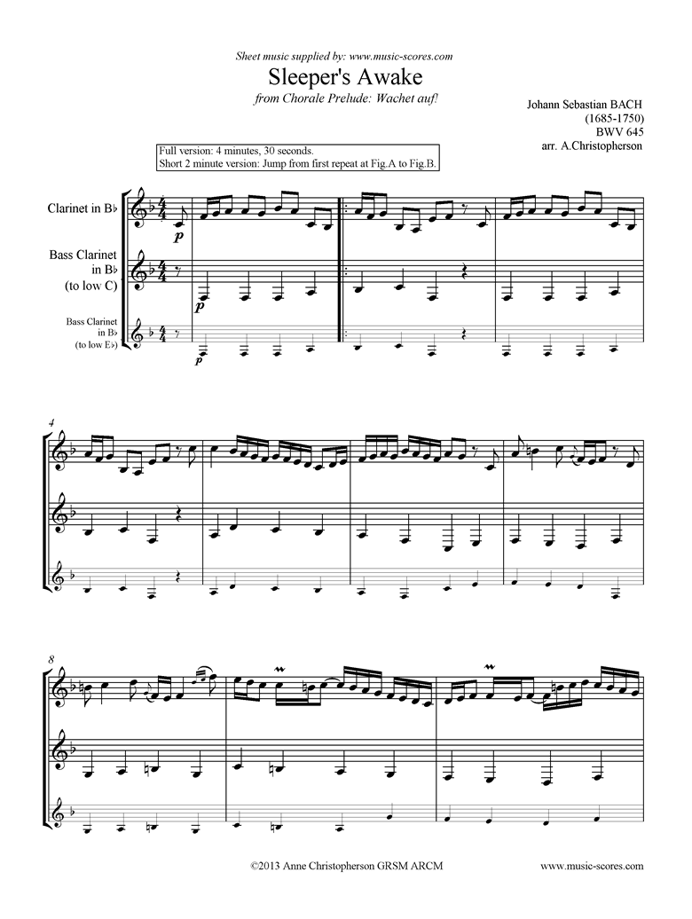 Front page of bwv 645 Sleepers Awake: Clarinet, Bass Clarinet sheet music