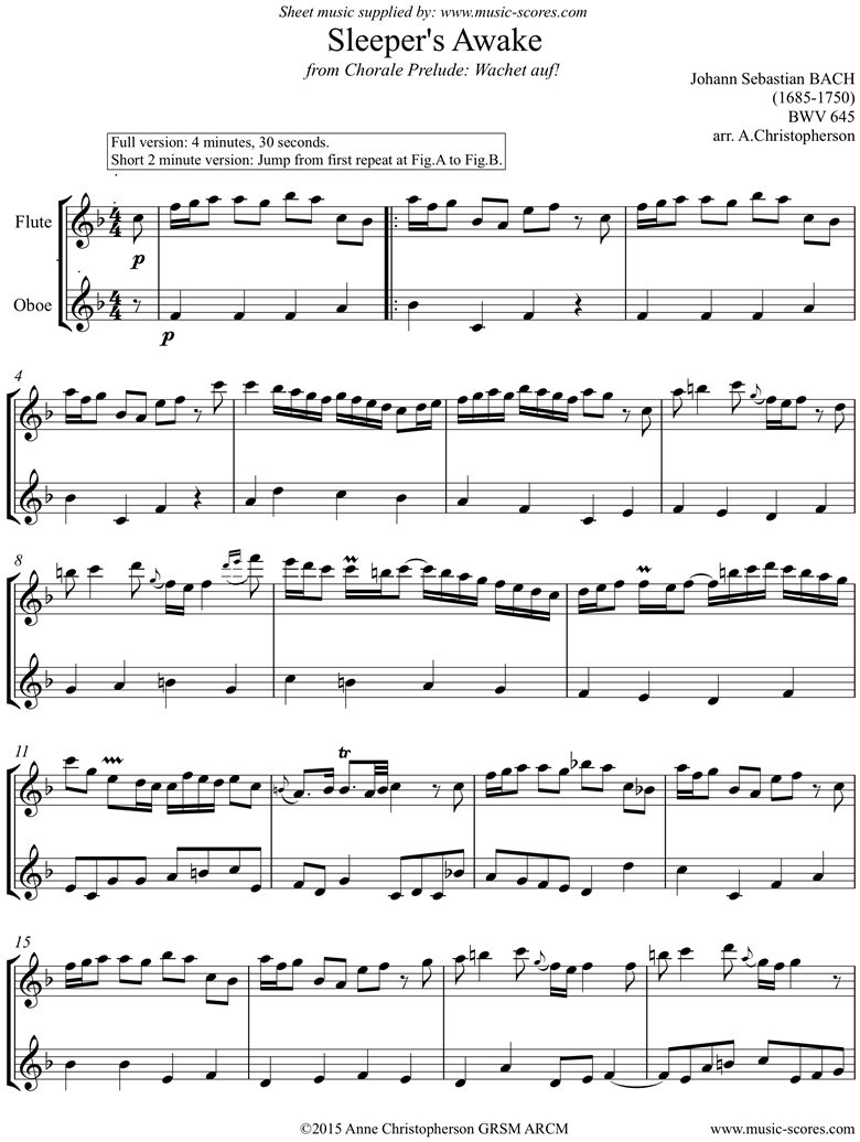 Front page of bwv 645 Sleepers Awake: Flute, Oboe sheet music