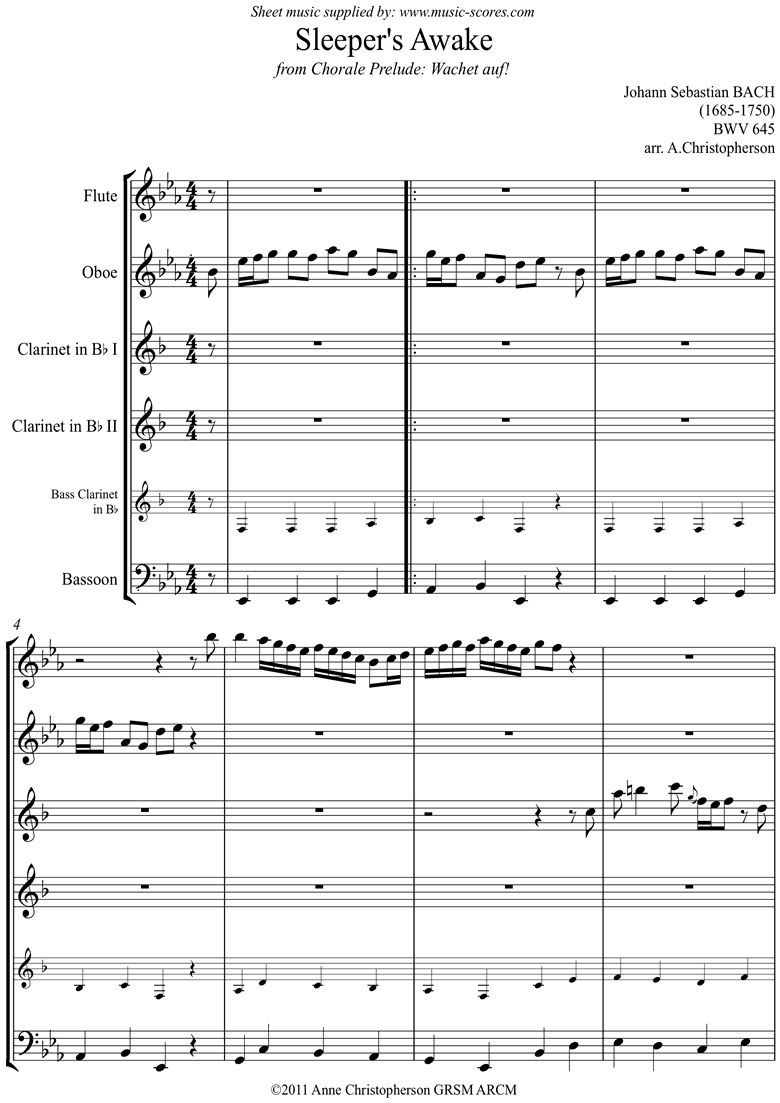 Front page of bwv 645 Sleepers Awake: Wind ensemble sheet music