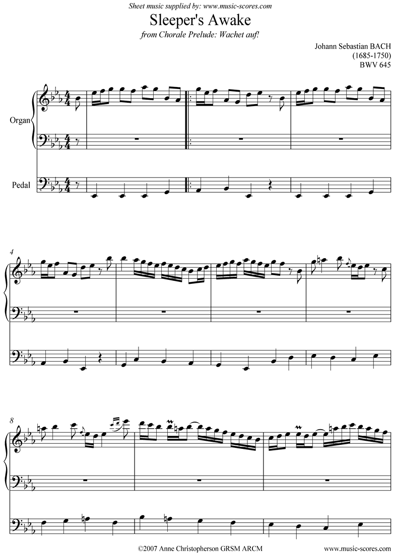 Front page of bwv 645 Sleepers Awake: Organ sheet music