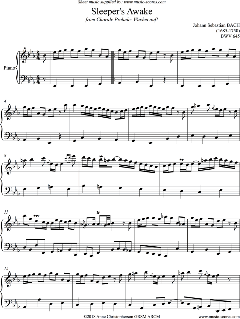 Front page of bwv 645 Sleepers Awake: Piano sheet music