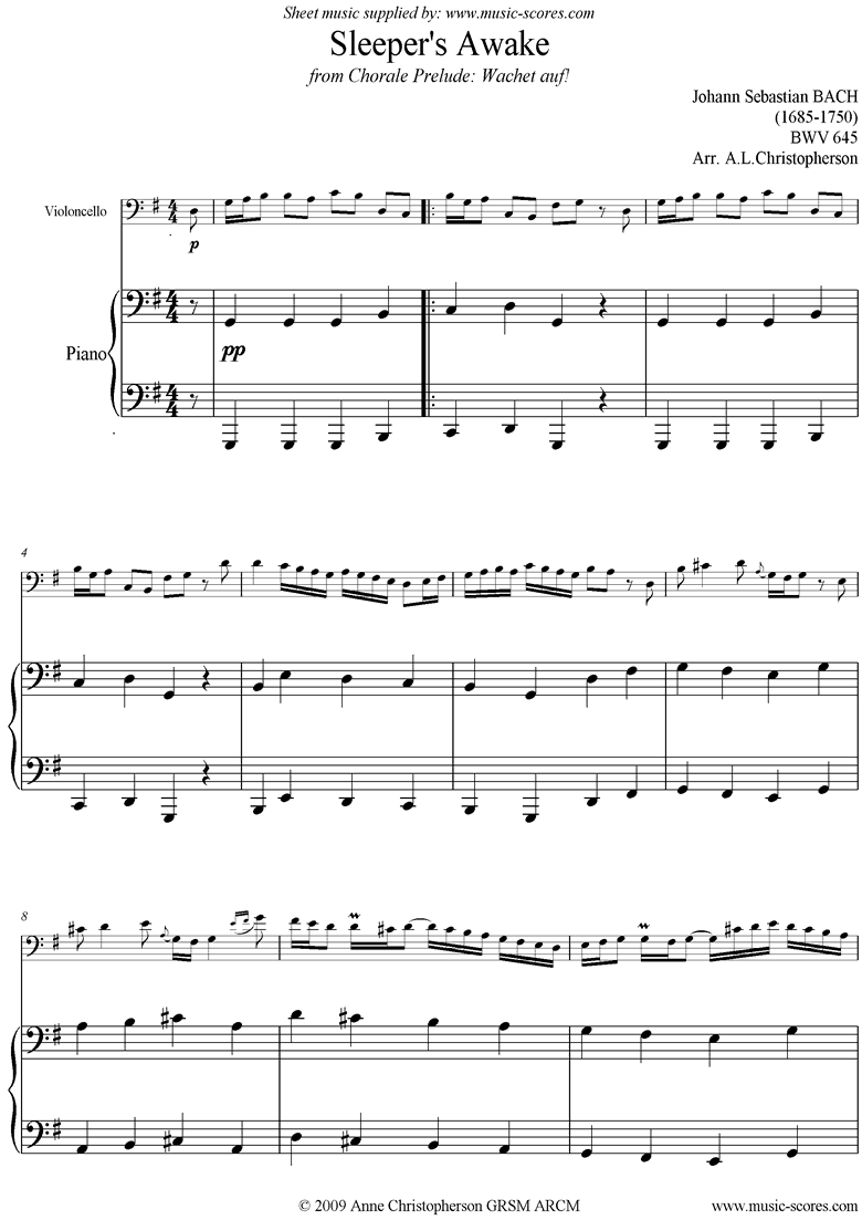 Front page of bwv 645 Sleepers Awake: Cello and Piano sheet music