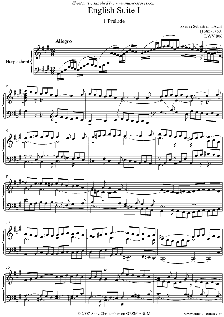 Front page of bwv 806: English Suite No. 1: 1 Prelude sheet music