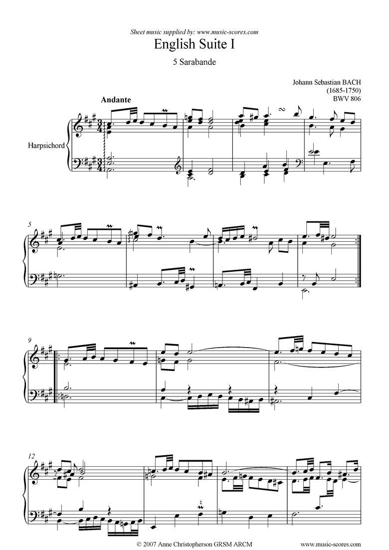 Front page of bwv 806: English Suite No. 1: 5 Sarabande sheet music