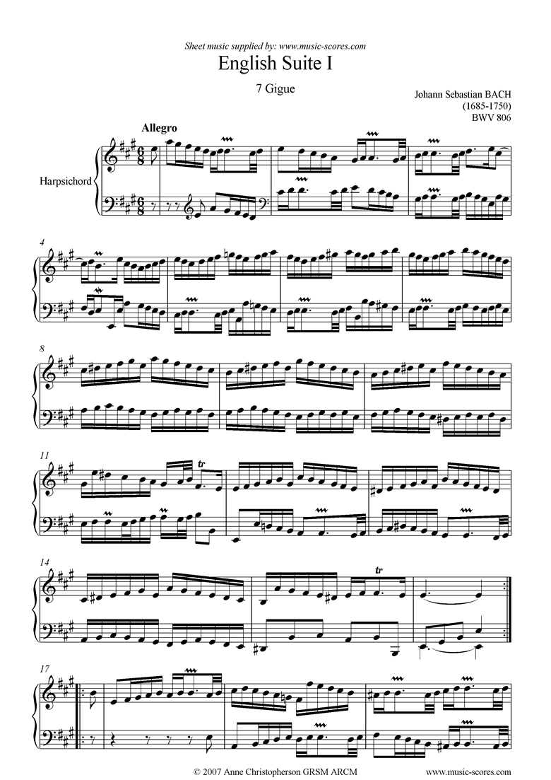 Front page of bwv 806: English Suite No. 1: 7 Gigue sheet music