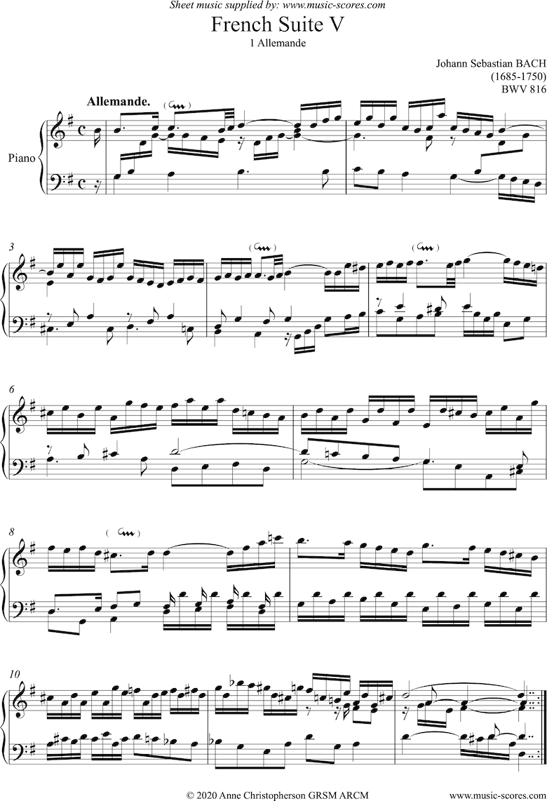 Front page of bwv 816: French Suite No. 5: 1 Allemande: Piano sheet music