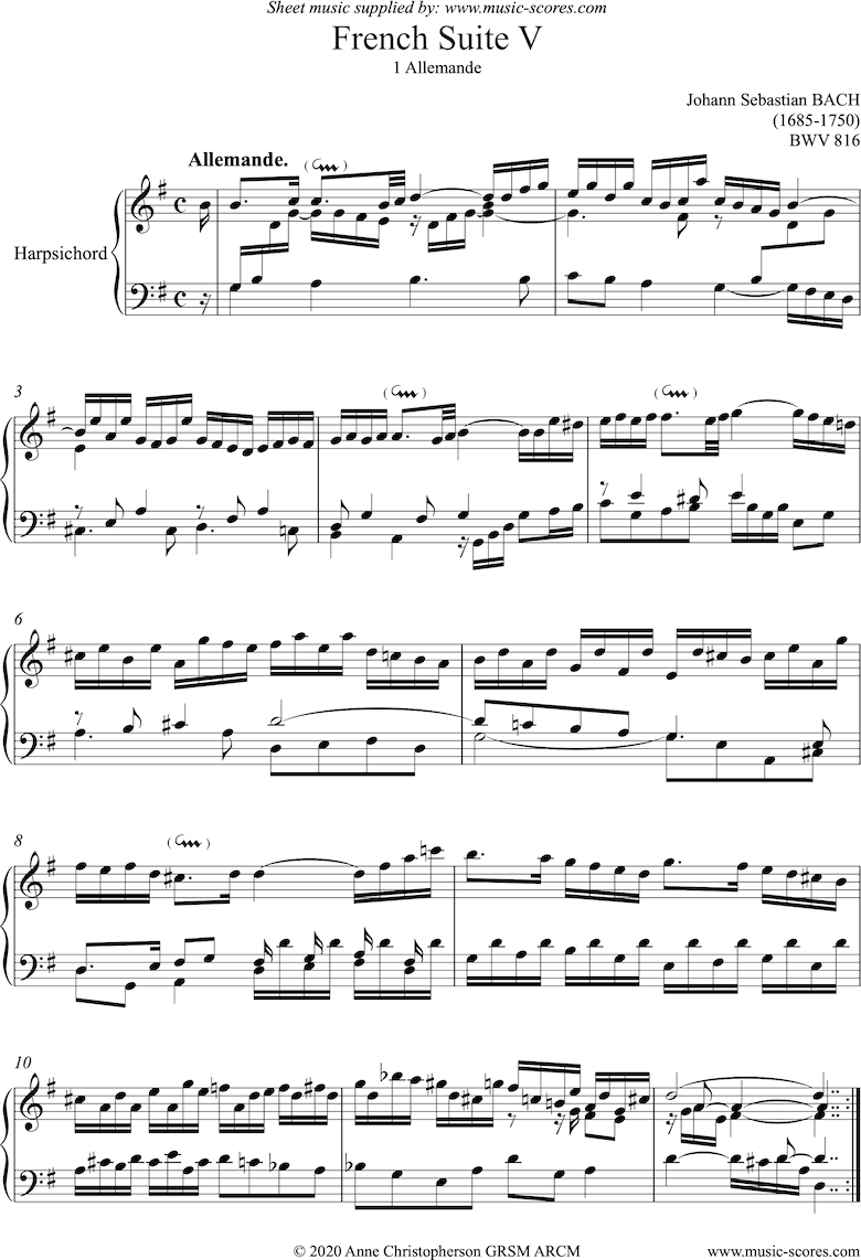Front page of bwv 816: French Suite No. 5: 1 Allemande: Harpsichord sheet music