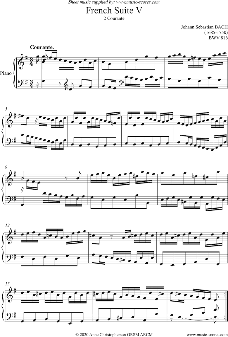Front page of bwv 816: French Suite No. 5: 2 Courante: Piano sheet music