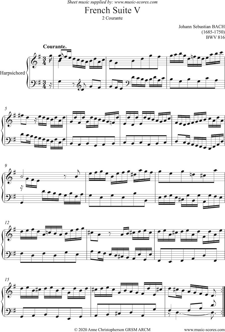 Front page of bwv 816: French Suite No. 5: 2 Courante: Harpsichord sheet music