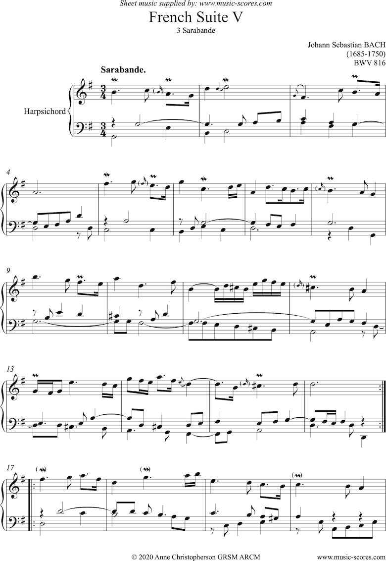 Front page of bwv 816: French Suite No. 5: 3 Sarabande: Harpsichord sheet music