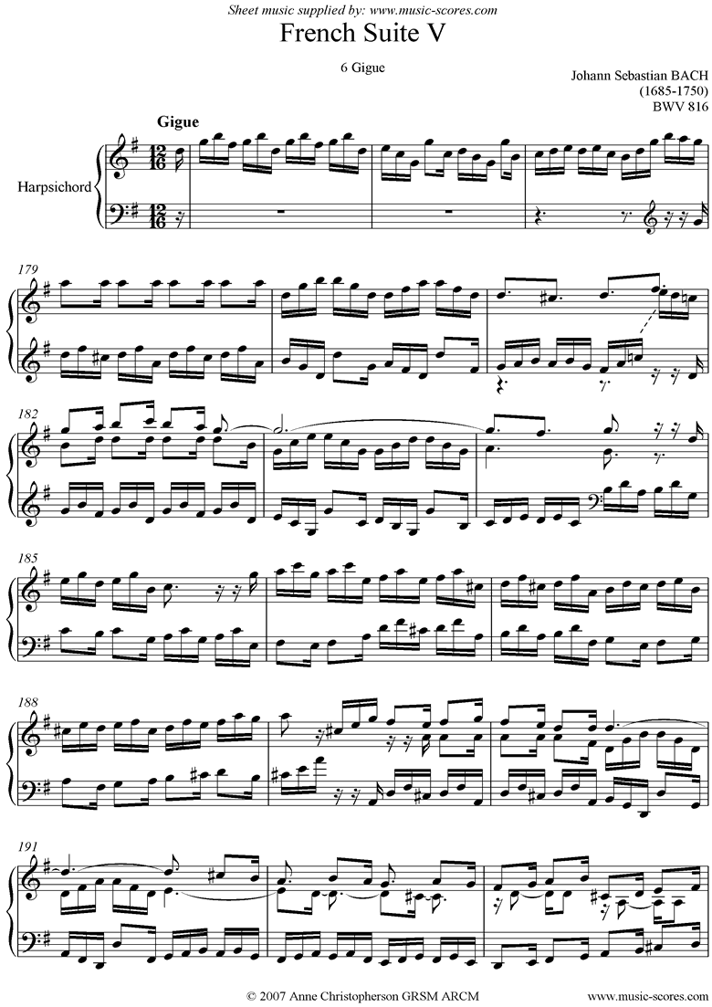 Front page of bwv 816: French Suite No. 5: 7 Gigue sheet music