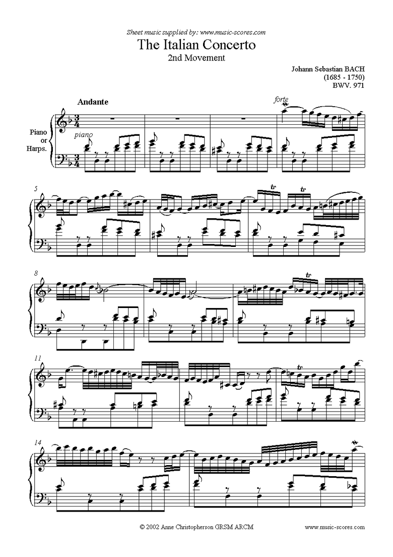 Front page of bwv 971: Italian Concerto, 2nd Movement sheet music