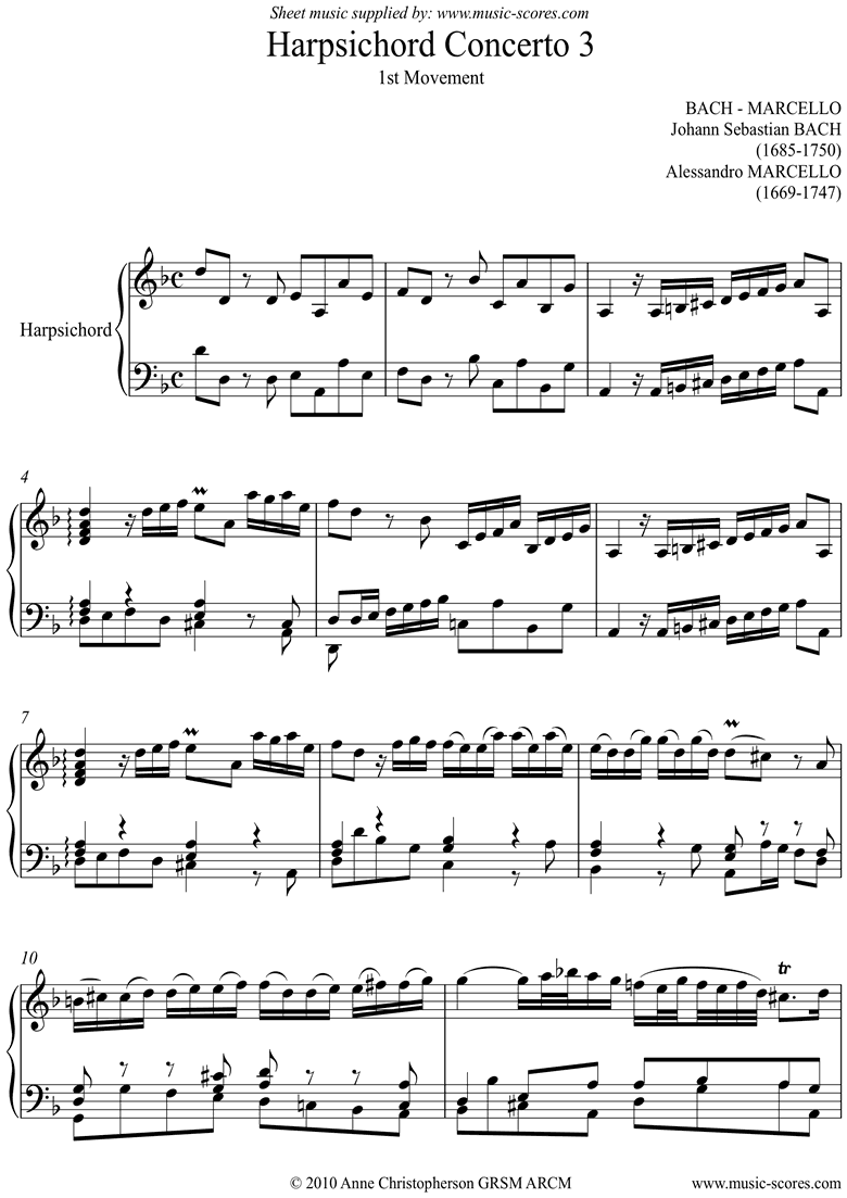 Front page of bwv 974: Harpsichord Concerto No.3: 1st mvt sheet music
