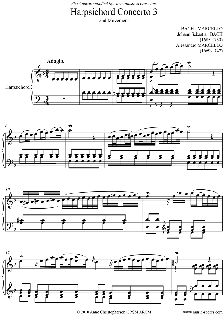 Front page of bwv 974: Harpsichord Concerto No.3: 2nd mvt sheet music