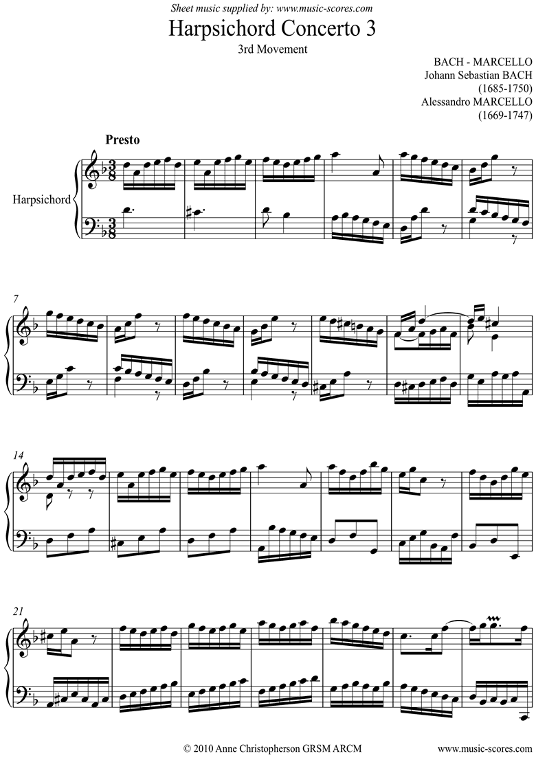Front page of bwv 974: Harpsichord Concerto No.3: 3rd mvt sheet music