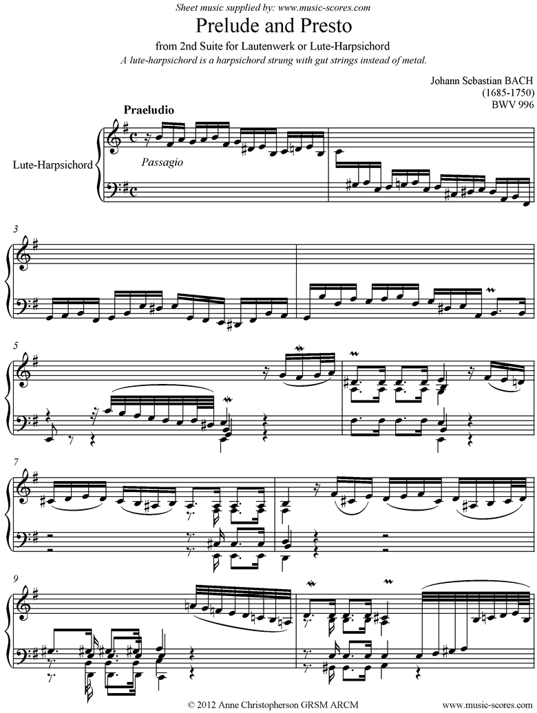 Front page of bwv 996: 2nd Lautenwerk Suite, 1st and 2nd Movements sheet music