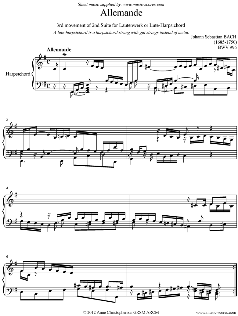 Front page of bwv 996: 2nd Lautenwerk Suite, 3rd Movement sheet music