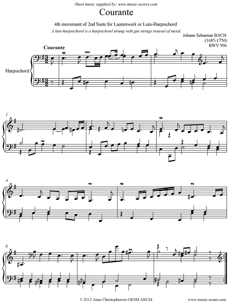 Front page of bwv 996: 2nd Lautenwerk Suite, 4th Movement sheet music