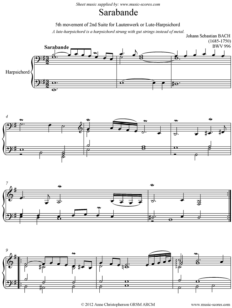 Front page of bwv 996: 2nd Lautenwerk Suite, 5th Movement sheet music