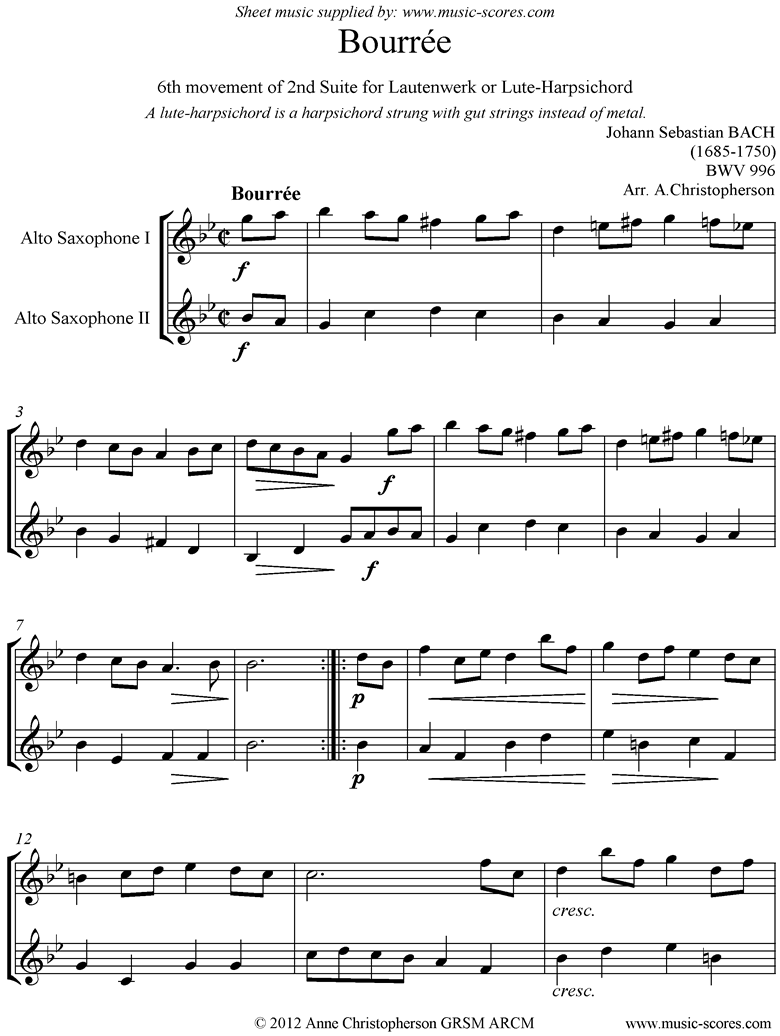 Front page of bwv 996: 2nd Lautenwerk Suite, 6th Movement, Alto Sax Duet sheet music