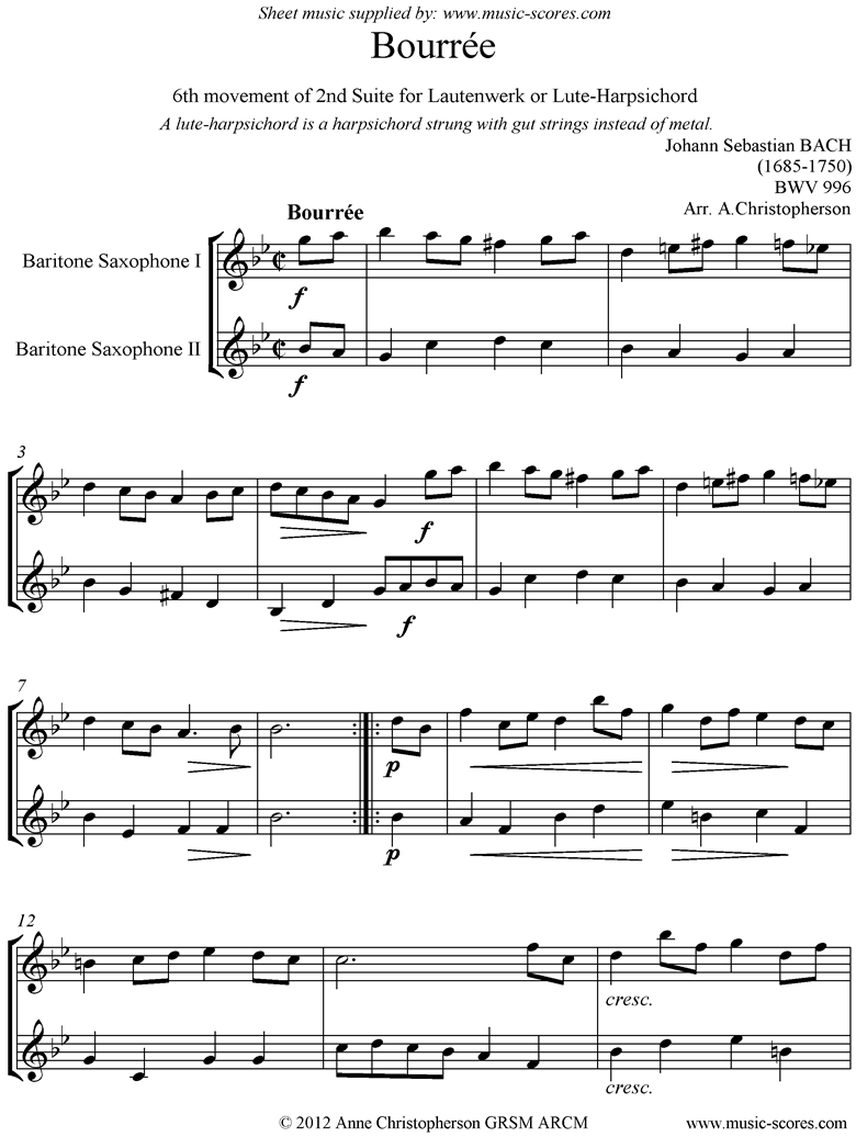 Front page of bwv 996: 2nd Lautenwerk Suite, 6th Movement, Bari Sax Duet sheet music