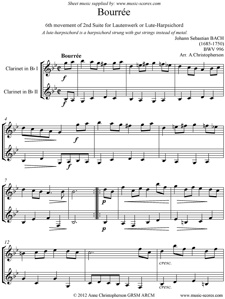 Front page of bwv 996: 2nd Lautenwerk Suite, 6th Movement, Clarinet Duet sheet music