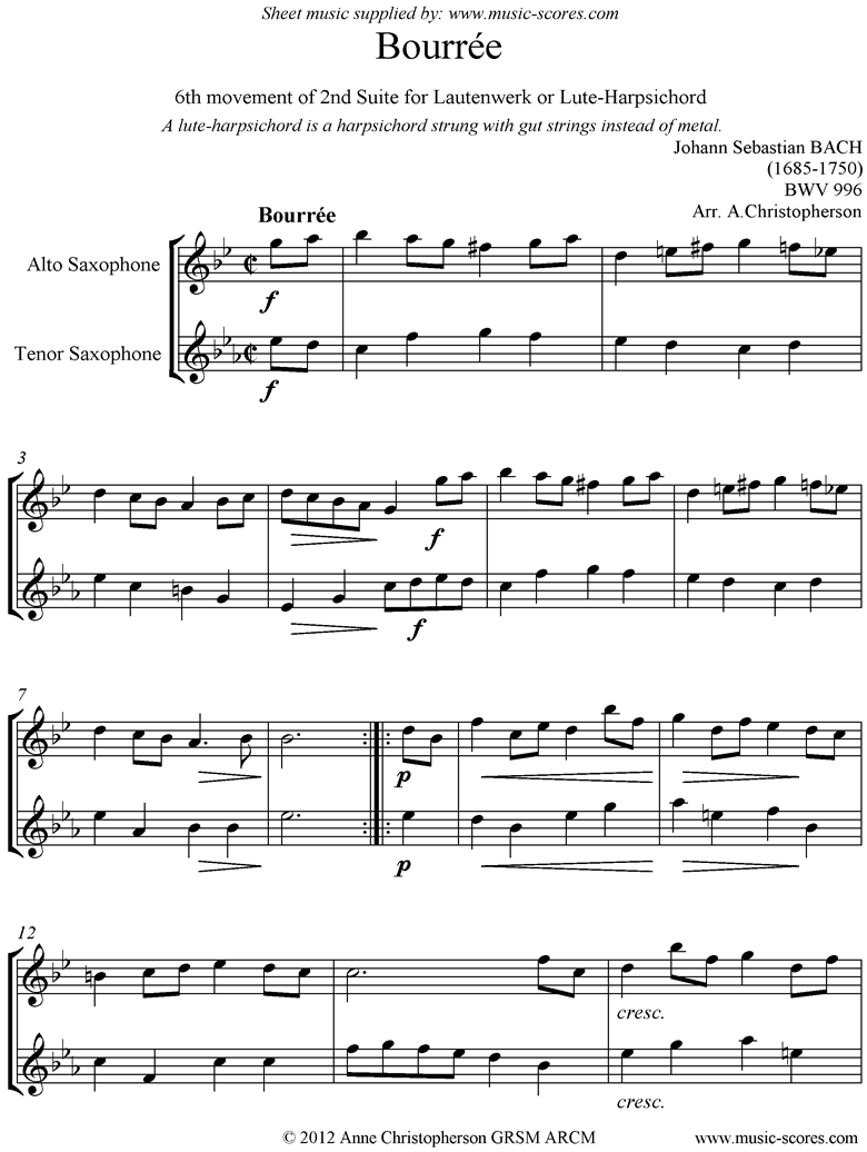 Front page of bwv 996: 2nd Lautenwerk Suite, 6th Movement: Alto and Tenor Sax Duo sheet music