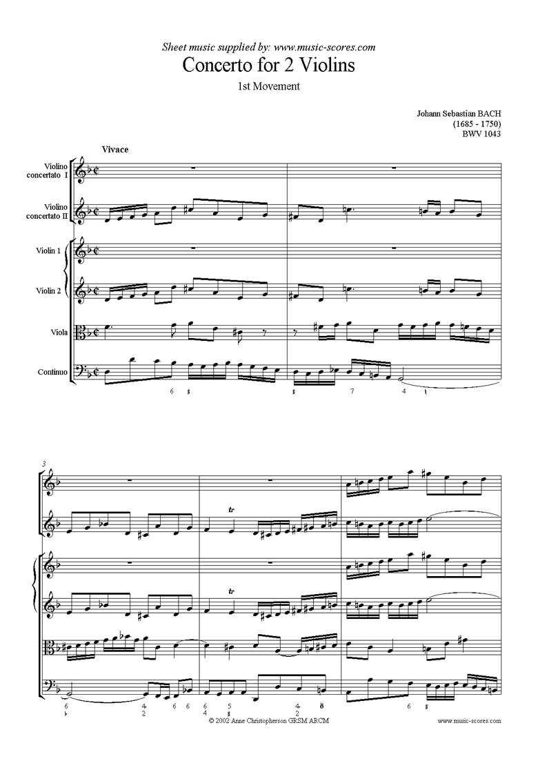 Front page of bwv 1043: Double Violin Concerto, 1st movement sheet music