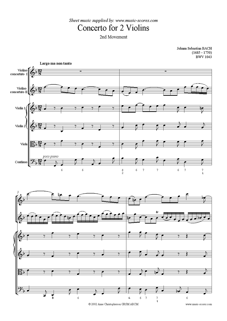 Front page of bwv 1043: Double Violin Concerto, 2nd movement sheet music