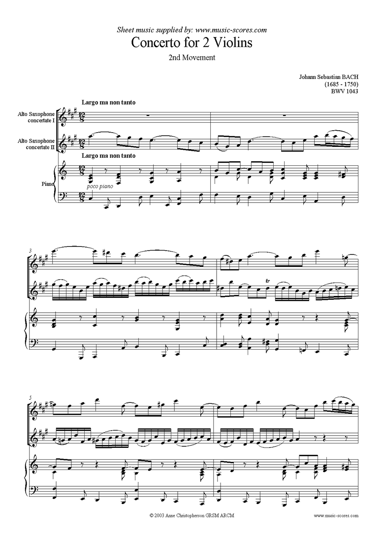 Front page of bwv 1043: Double Concerto, 2nd mvt: 2 alto saxes  sheet music