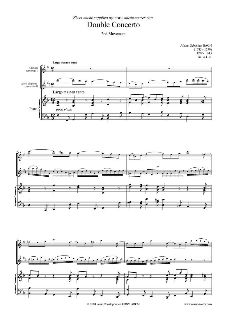 Front page of bwv 1043: Double Concerto, cl asx: 2nd movement sheet music