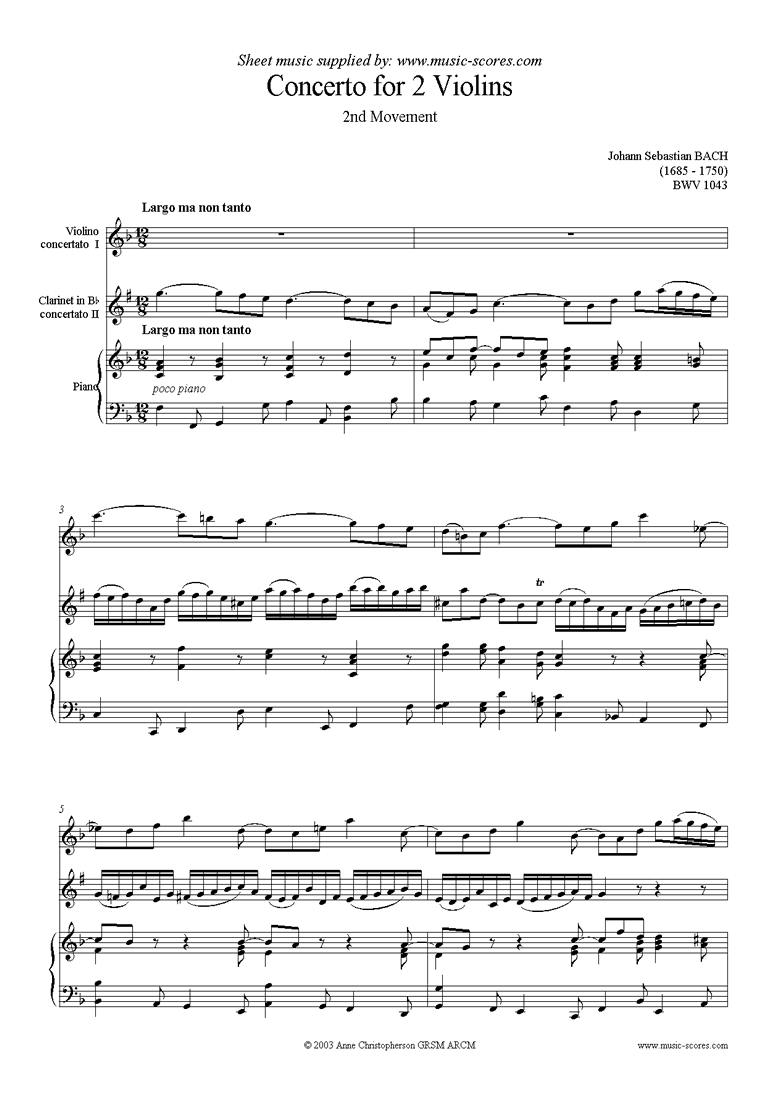 Front page of bwv 1043: Double Concerto, vn cl: 2nd movement sheet music