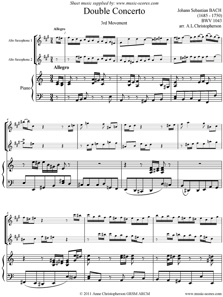 Front page of bwv 1043: Double Concerto, 3rd movement: 2 Alto Saxes  sheet music