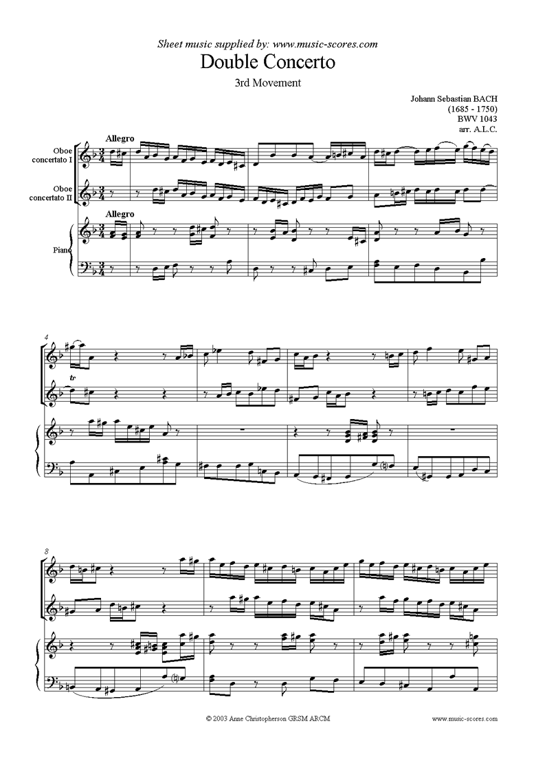 Front page of bwv 1043: Double Concerto, 2 obs: 3rd movement sheet music