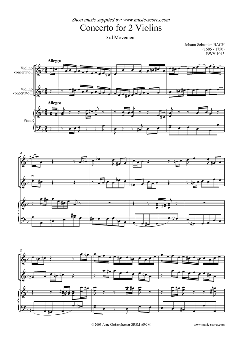 Front page of bwv 1043: Double Concerto, 2 vns: 3rd movement sheet music