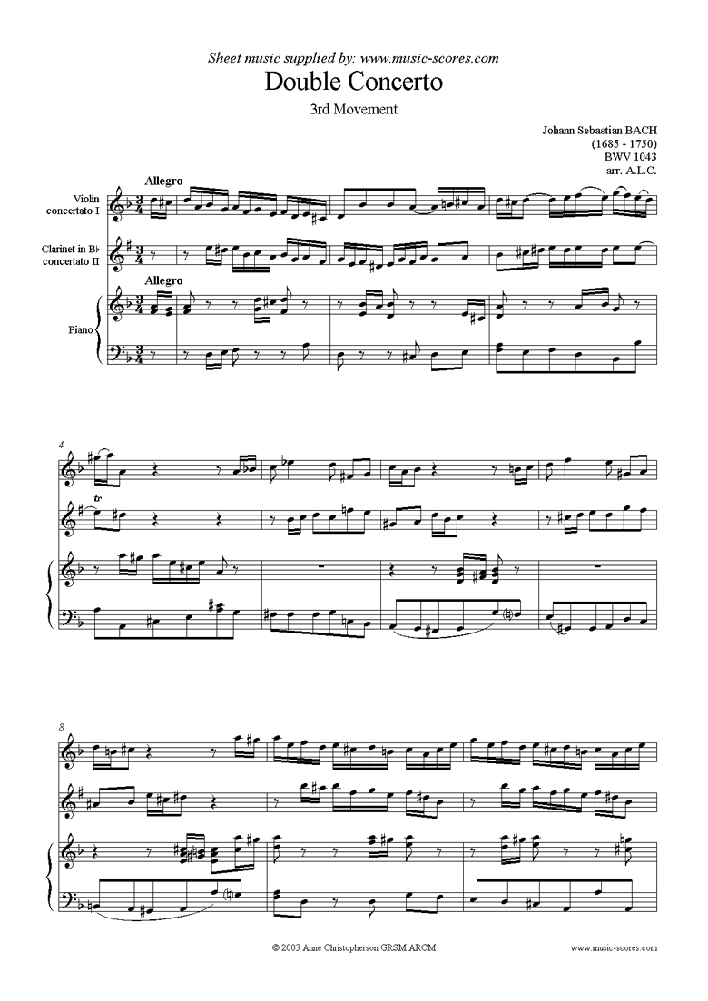 Front page of bwv 1043: Double Concerto, vn cl: 3rd movement sheet music