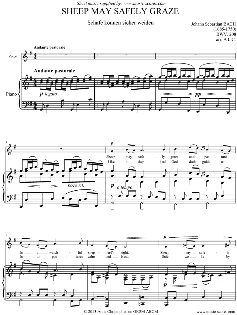 Sheep May Safely Graze: Birthday Cantata 208 Voice Gma by Bach