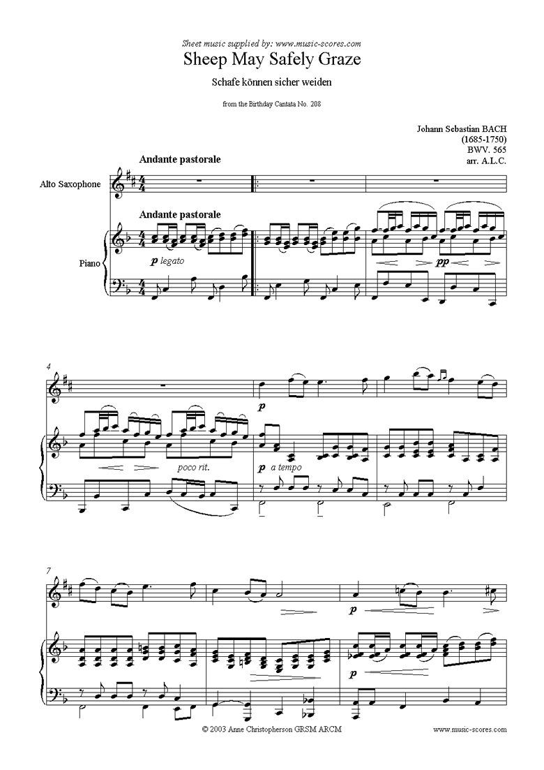 Sheep May Safely Graze: Birthday Cantata 208: Alto Sax by Bach