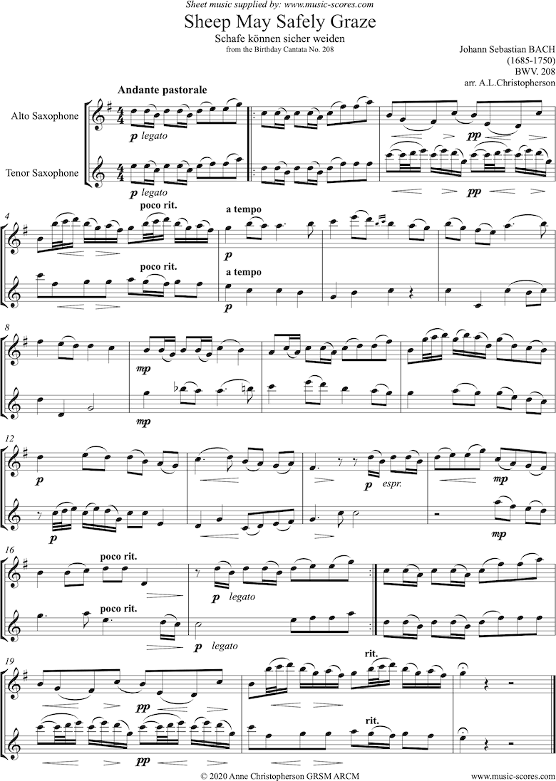 Front page of Sheep May Safely Graze: Birthday Cantata 208: Alto and Tenor Saxes sheet music
