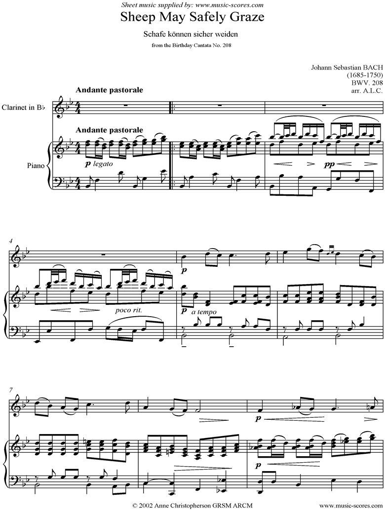 Sheep May Safely Graze: Birthday Cantata 208 Clari by Bach