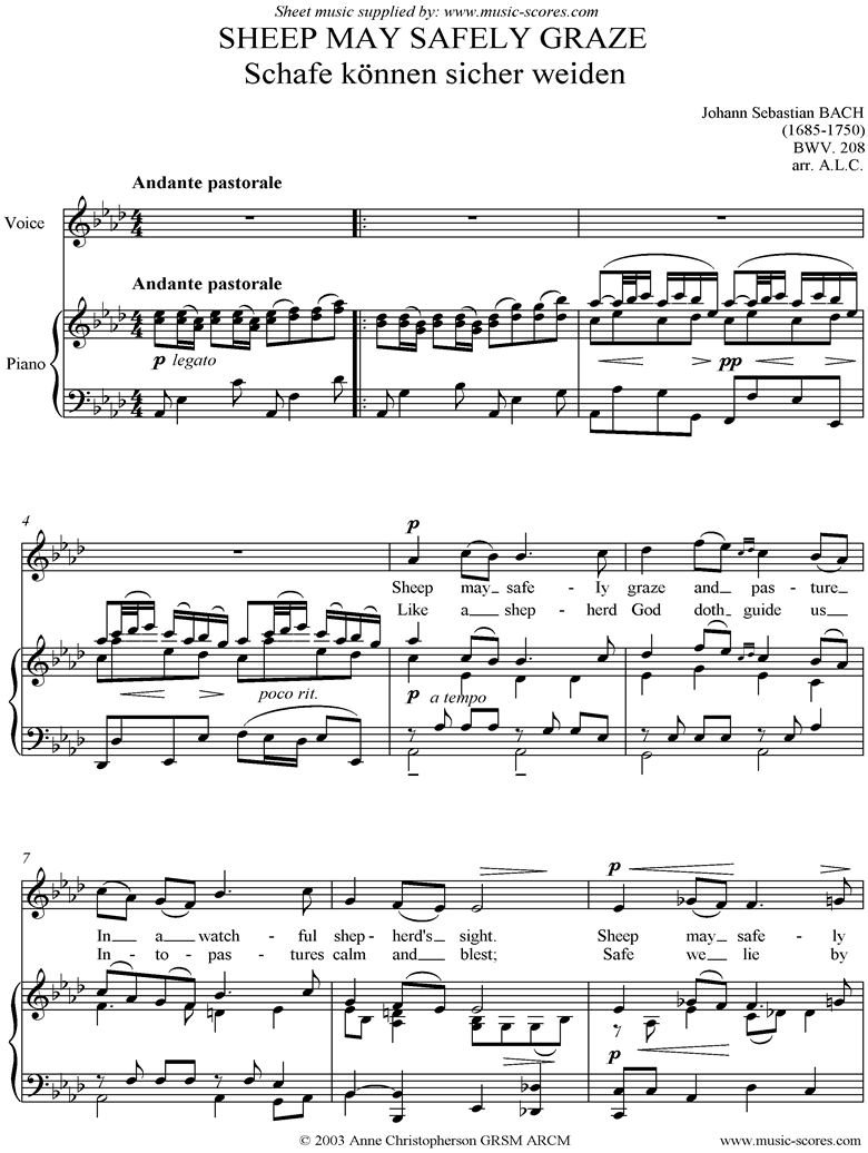 Sheep May Safely Graze: Birthday Cantata 208 Voice by Bach