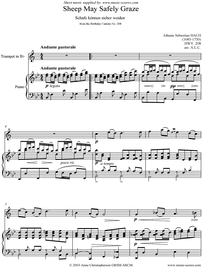 Sheep May Safely Graze: Birthday Cantata 208 Tpt by Bach