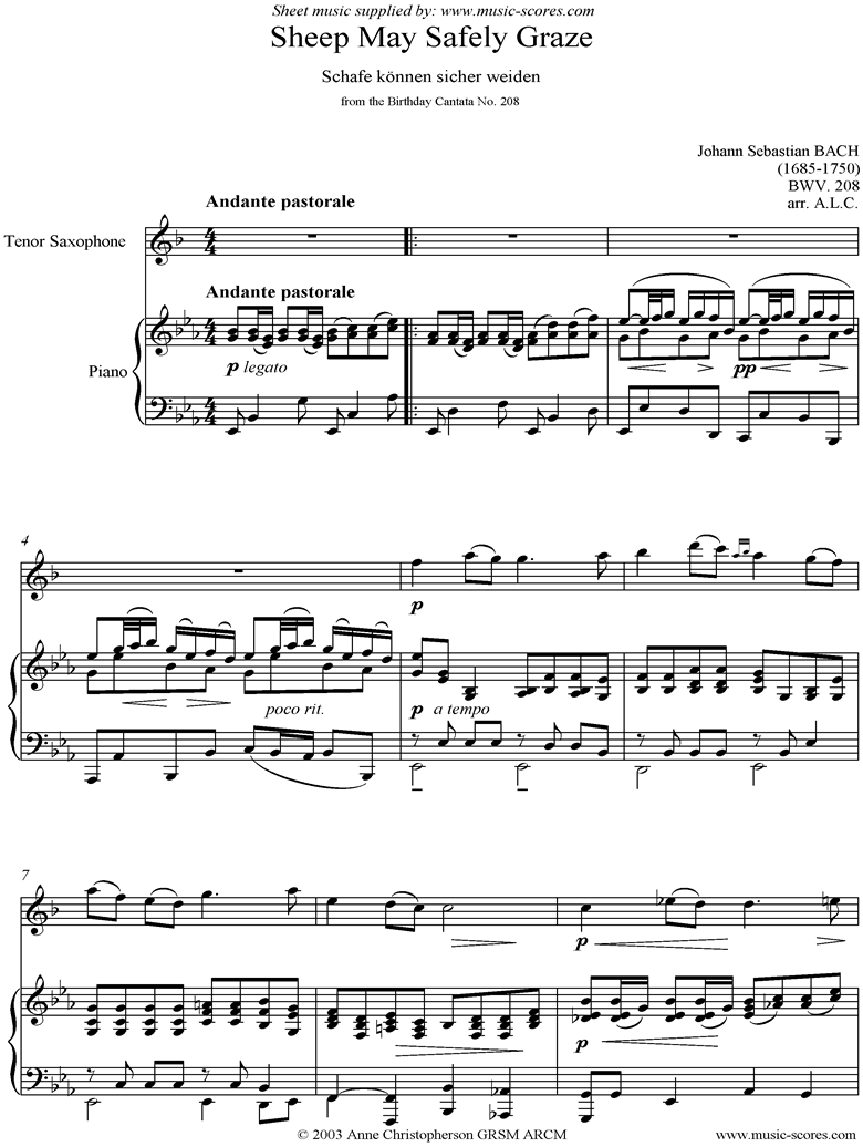 Sheep May Safely Graze: Birthday Cantata 208 Sax by Bach