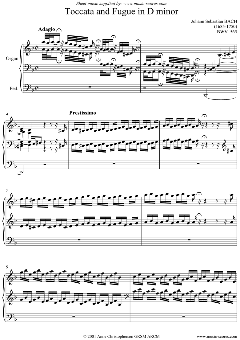 Bach Bwv 565 Toccata And Fugue In D Minor Organ Classical Sheet Music