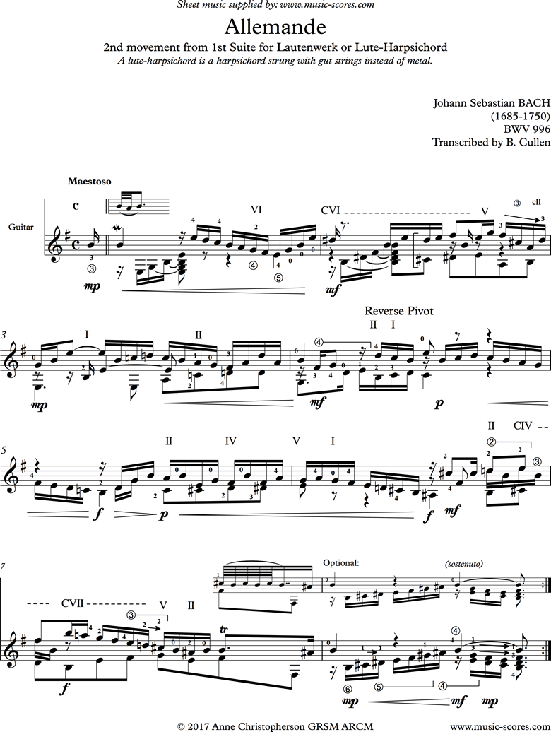Front page of bwv 996: 1st Lautenwerk Suite, 2nd Movement: Guitar sheet music