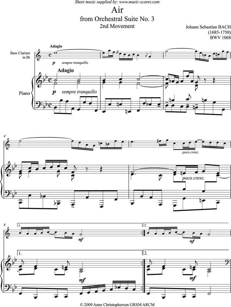 Front page of bwv 1068: Air on G: Bass Clarinet and Piano: Bb ma sheet music