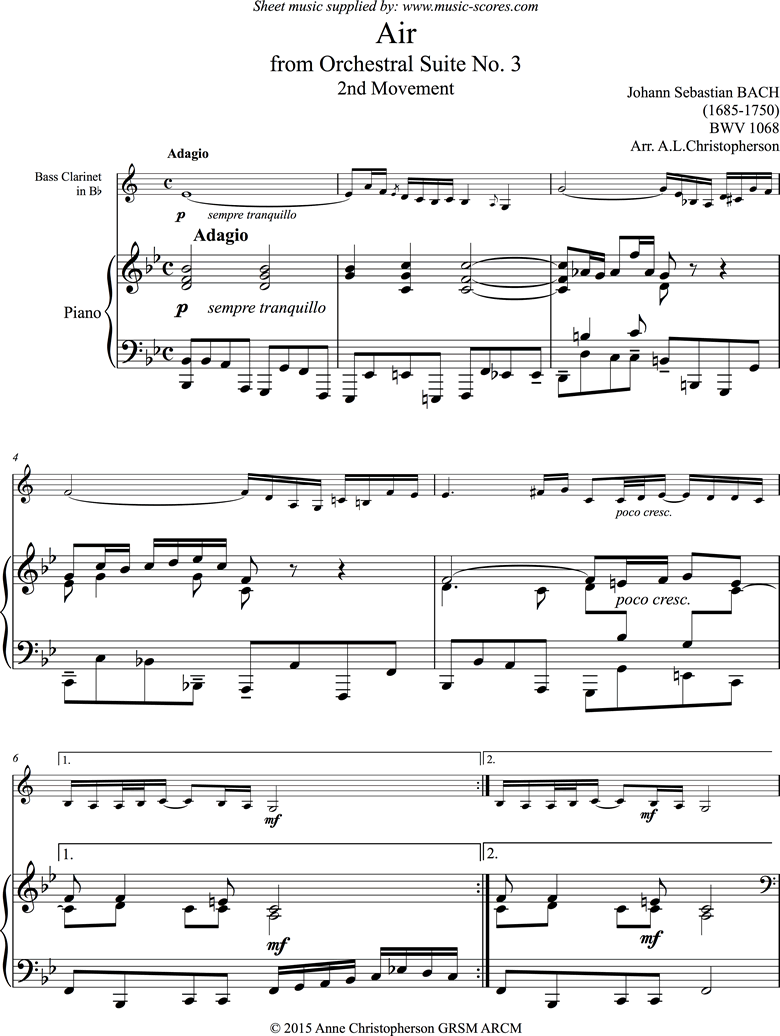 Front page of bwv 1068: Air on G:Bass Clarinet and Piano. Low. sheet music