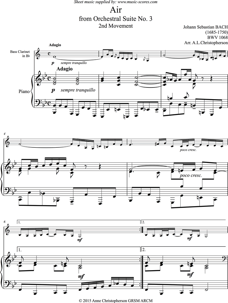 bwv 1068: Air on G:Bass Clarinet and Piano. Low. by Bach